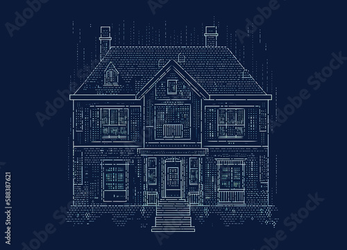 ASCII Art style Illustration of house over blue background. Generative AI photo