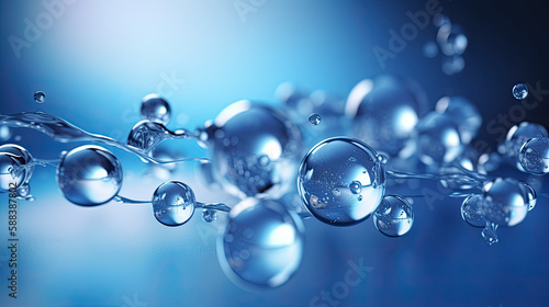 Foto Abstract glass molecules floating in blue fluid background with selective focus