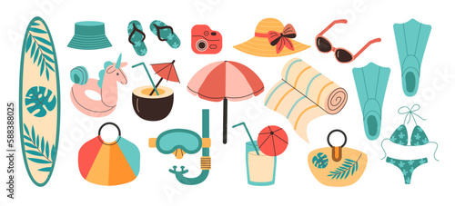 Vector summertime set with zummer accessories fins, surfboard, snorkeling mask, swimwear, slippers, umbrella.
