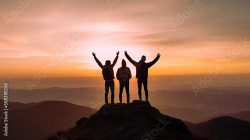 Photo of landscape with silhouette of three people over a mountain on sunset, success concept, Generative AI