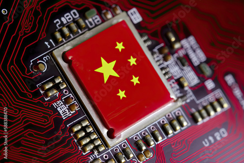 Restricting chipmaking gear exports to China. chipmaking technology in China. US China chip war. Close up of Microchip with China flag. AI generative photo