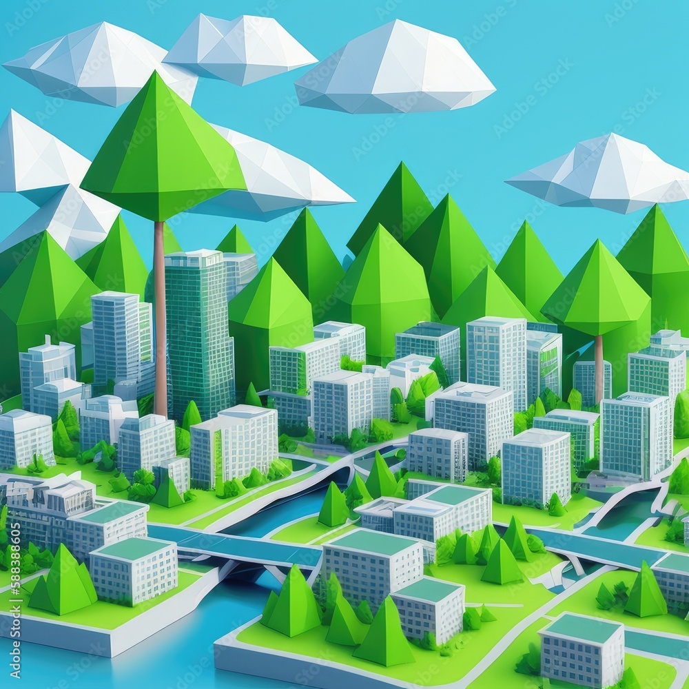 Low-poly city with building and trees. Generative AI.