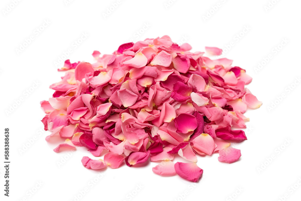 Obraz premium Ground loose pink rose petals isolated on white background. Generative AI. 
