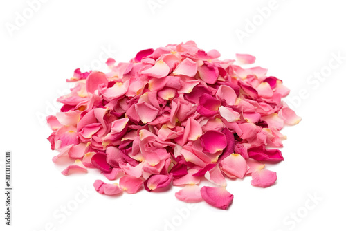 Ground loose pink rose petals isolated on white background. Generative AI. 