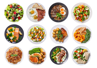 set of plates of food isolated on transparent background, top view