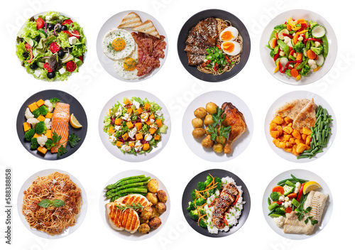 set of plates of food isolated on transparent background, top view