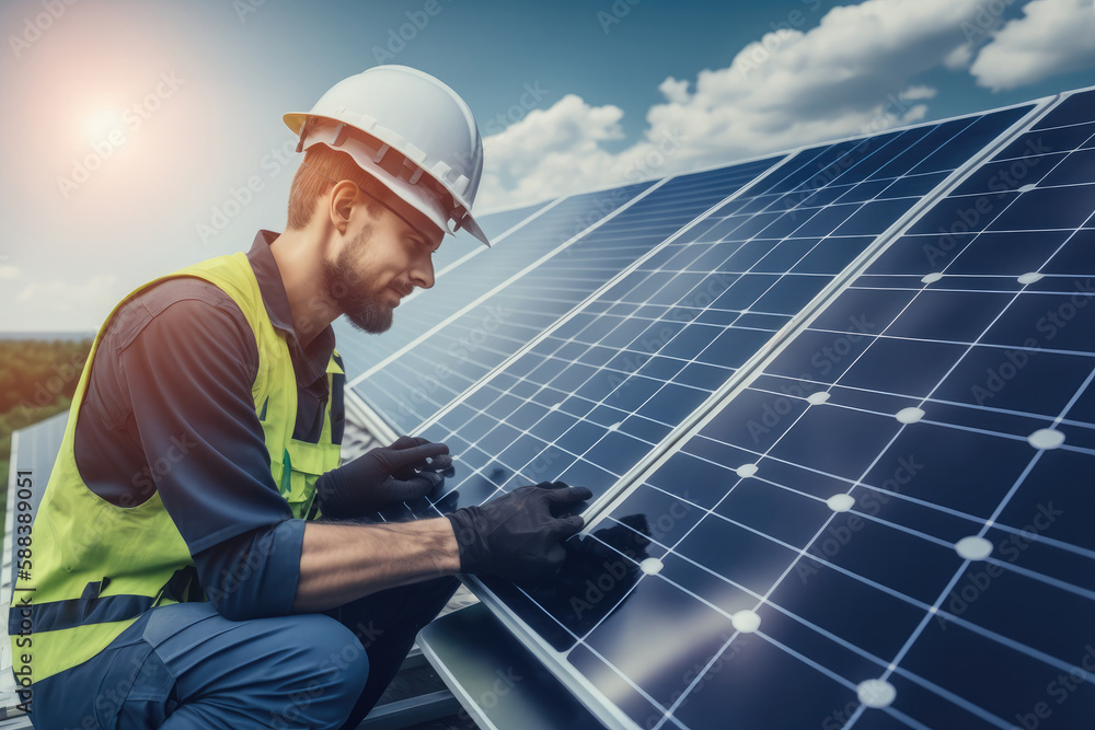 AI generated engineer man working with solar panels wind power turbines against blue sky background AI generated engineer man working with solar panels wind power turbines against blue sky background