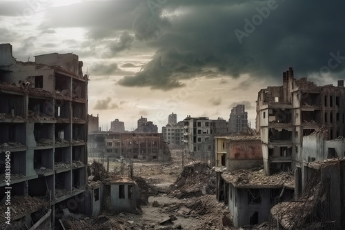 Apocalyptic view of destroyed city buildings, after zombie epidemic or world war