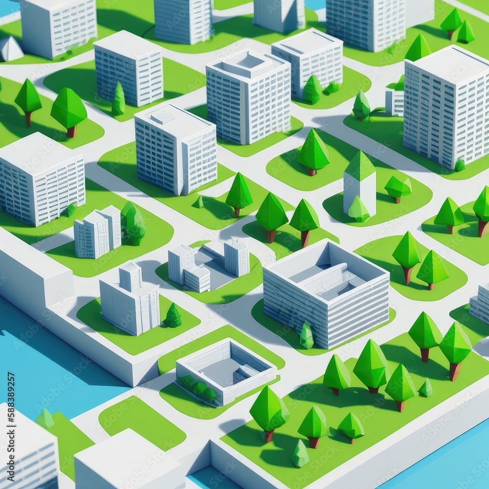 Low-poly city with building and trees. Generative AI.