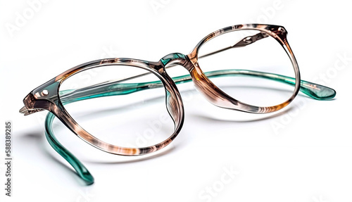 Pair of Blue and Brown Eyeglasses or Reading Glasses on White Background, Generative AI