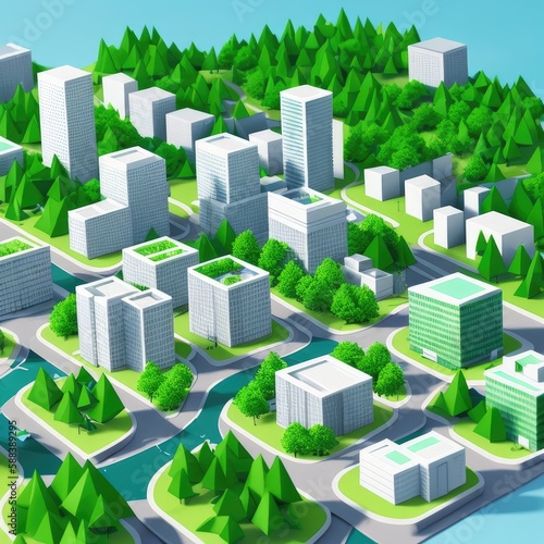 Low-poly city with building and trees. Generative AI.