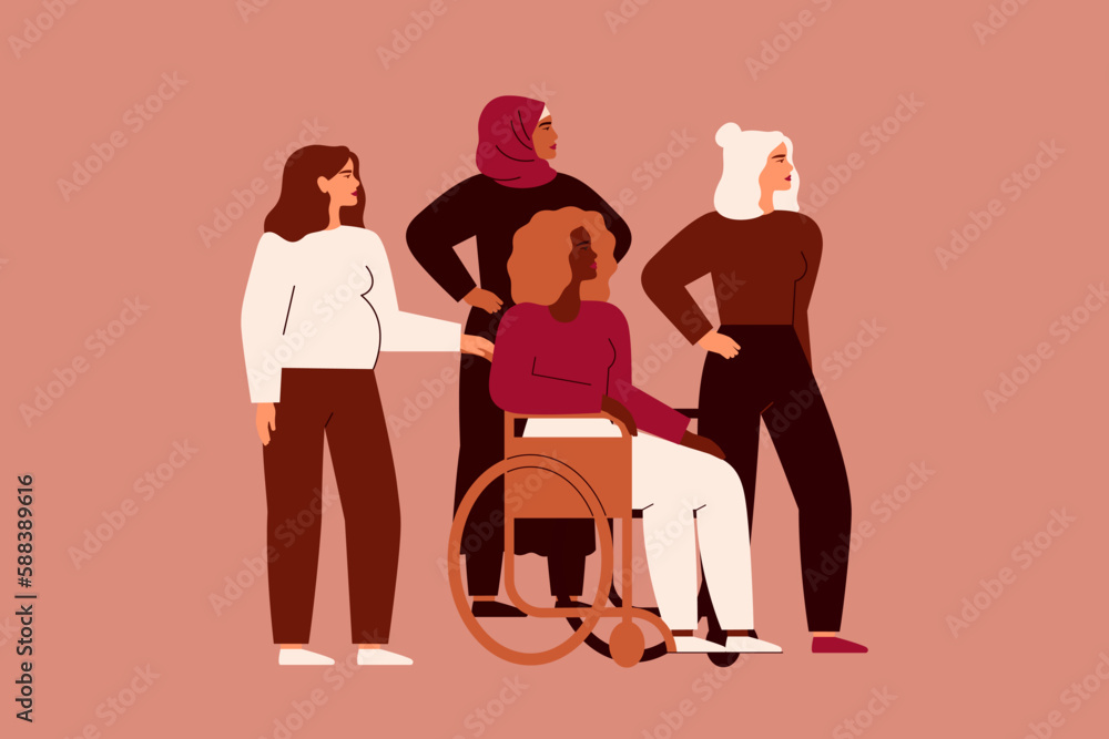 Women support Woman with disability in the wheelchair. Female community help and care about each other. Psychological help and social aid for people with mobility problems. Vector illustration