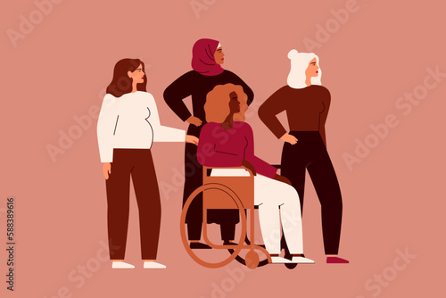 Women support Woman with disability in the wheelchair. Female community help and care about each other. Psychological help and social aid for people with mobility problems. Vector illustration