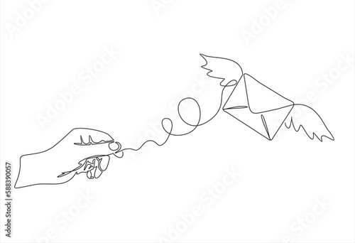 hand sends a letter with wings, e mail list building illustration continuous one line art illustration. Can used for logo, emblem, slide show and banner. 
