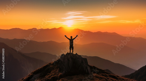 silhouette of a person on a top of a mountain, success concept, victory, freedom, Generative AI © d-AI-n