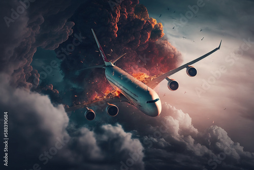 Airplane on fire flying over stormy clouds