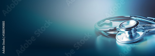 Medical Stethoscope Blue Banner with Copy Space. Online medical, e-health education, Health business web banner. Generative ai