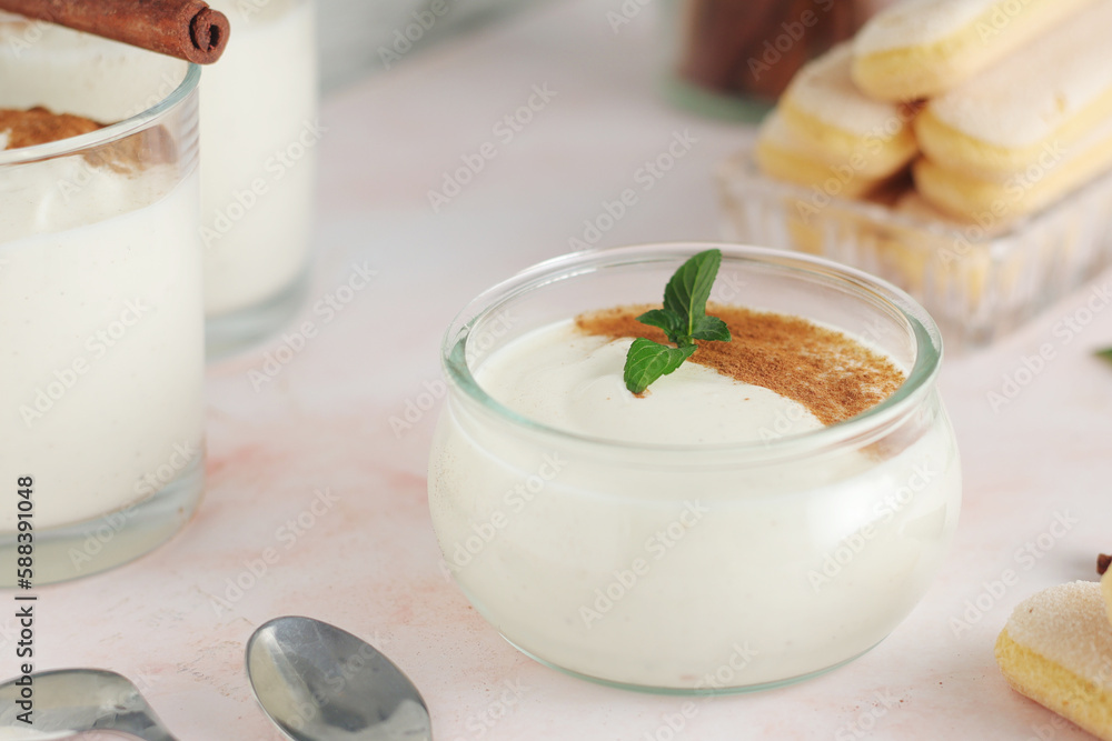 Glasses with traditional Italian dessert Zabaione made of eggs, sugar and wine Glasses with traditional Italian dessert Zabaione made of eggs, sugar and wine