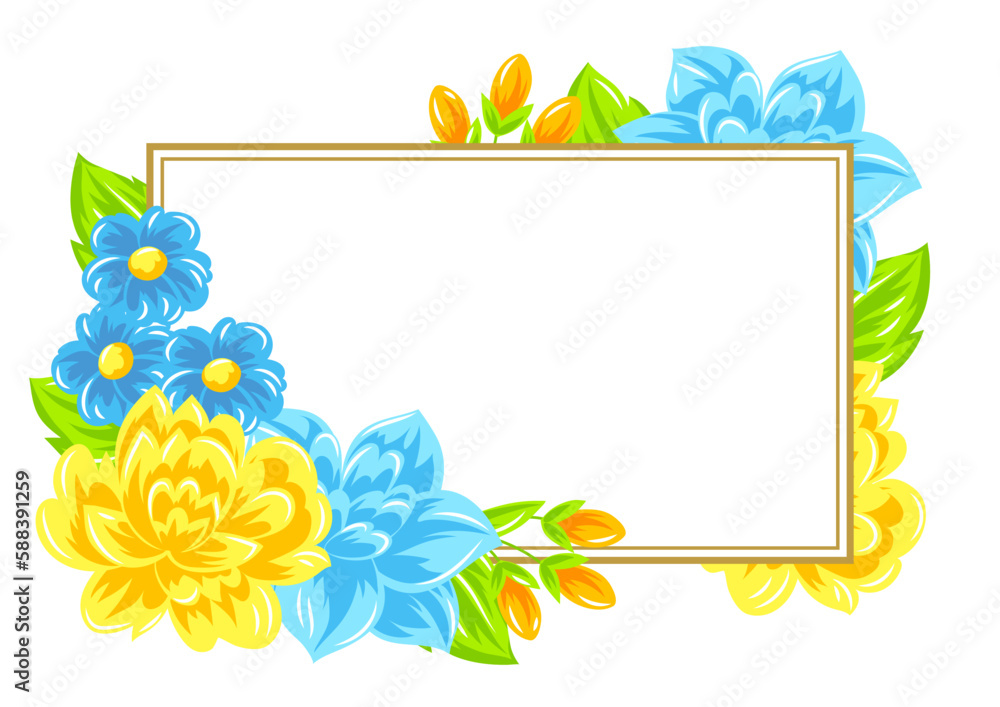 Frame with flowers. Beautiful bouquet of blooming plants. Natural illustration.