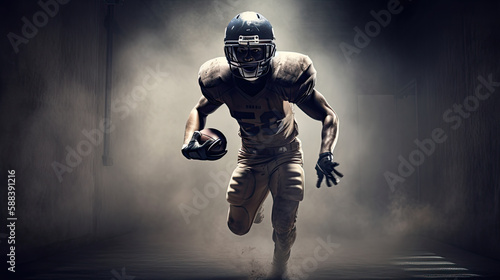 American football player in action on dark background with smoke. Generative AI