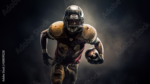 American football player in action on black background with smoke. Generative AI © LAYHONG
