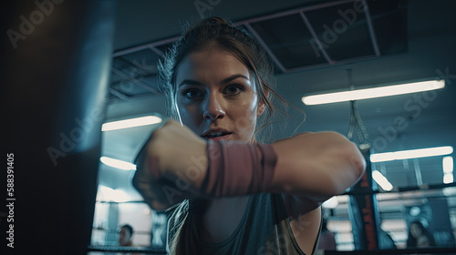 Portrait of a young sporty woman boxing in the gym. Generative AI