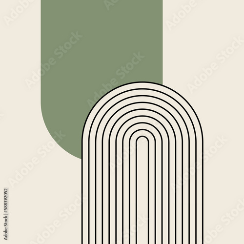 Abstract Mid Century style line art illustration with black, beige and green arches decoration on beige background © anasztazia