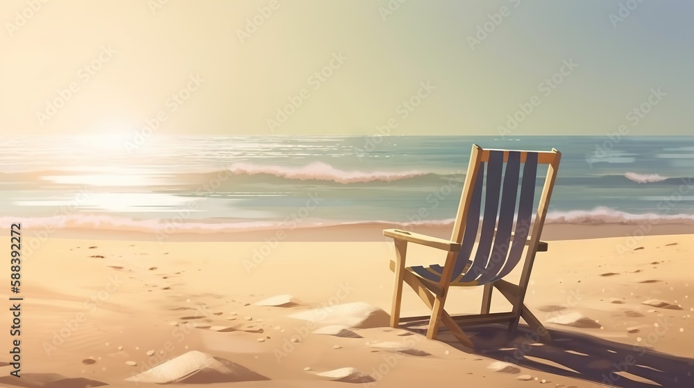 Beach chair on beautiful beach. Sunny day on a ocean shore. Travel paradise concept. Generative AI Beach chair on beautiful beach. Sunny day on a ocean shore. Travel paradise concept. Generative AI