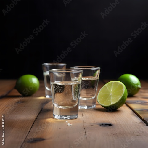 Mexican tequila with lime and salt on wooden background created with Generative AI technology.