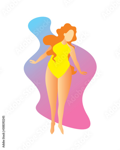 Original vector illustration. A red-haired body positive girl  in a yellow swimsuit  on the background of a blue abstract spot. A design element.