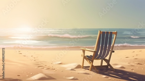 Beach chair on beautiful beach. Sunny day on a ocean shore. Travel paradise concept. Generative AI © AngrySun