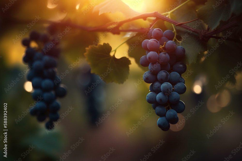 A bokeh background of a romantic vineyard with lush grapes hanging from the vines Generative AI
