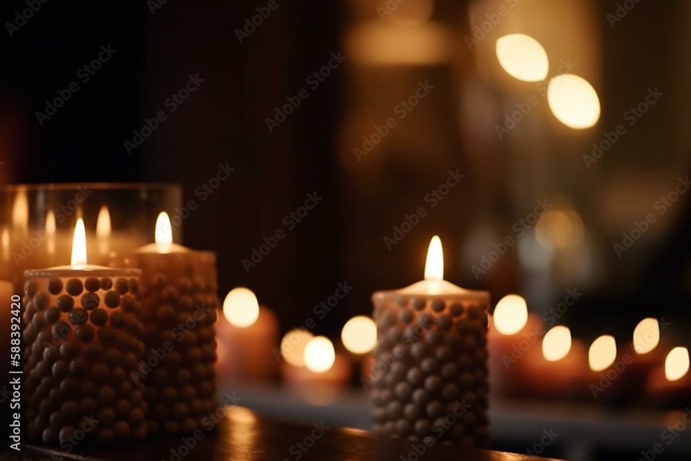 A bokeh background of a cozy fireplace surrounded by flickering candles Generative AI A bokeh background of a cozy fireplace surrounded by flickering candles Generative AI