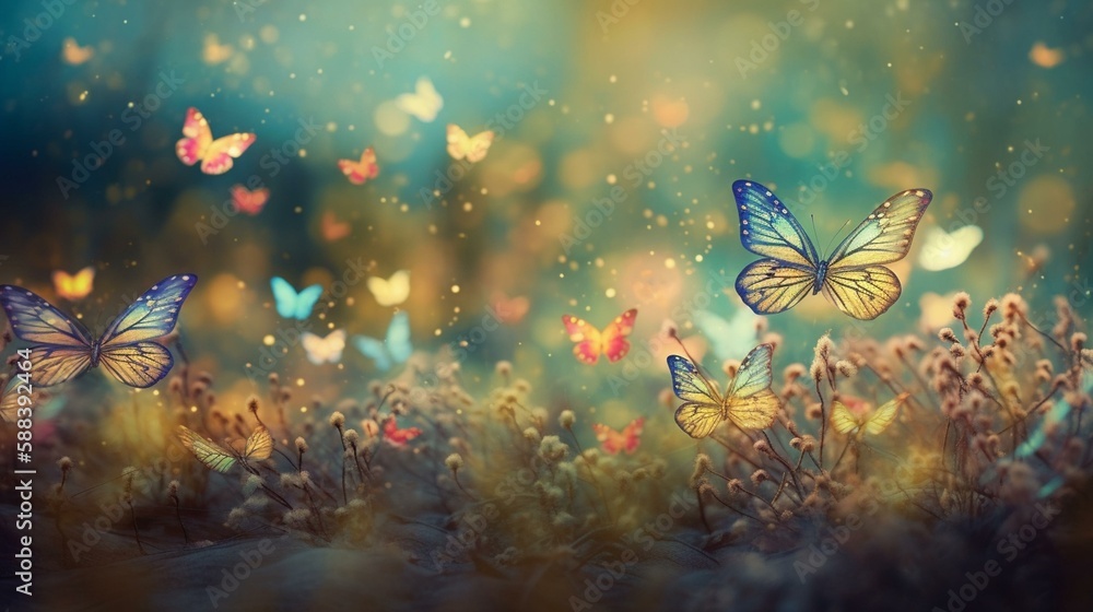 A bokeh background of a whimsical garden with colorful butterflies and dragonflies Generative AI - obrazy, fototapety, plakaty 