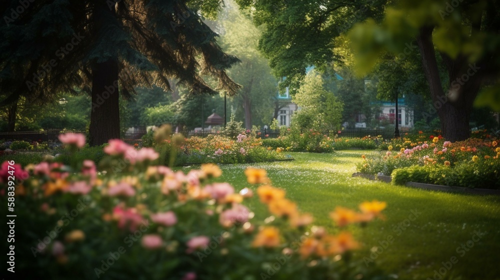 Obraz premium A bokeh background of a tranquil park with lush greenery and blooming flowers Generative AI