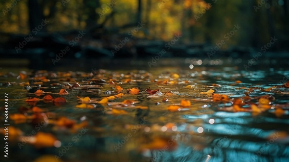A bokeh background of a peaceful river with colorful autumn leaves floating on the surface Generative AI A bokeh background of a peaceful river with colorful autumn leaves floating on the surface Generative AI