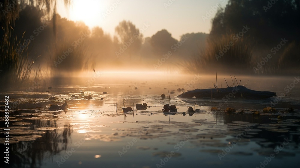 A bokeh background of a tranquil lake at sunrise Generative AI