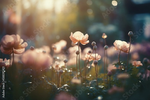 A bokeh background of a dreamy garden with soft petals floating in the breeze Generative AI