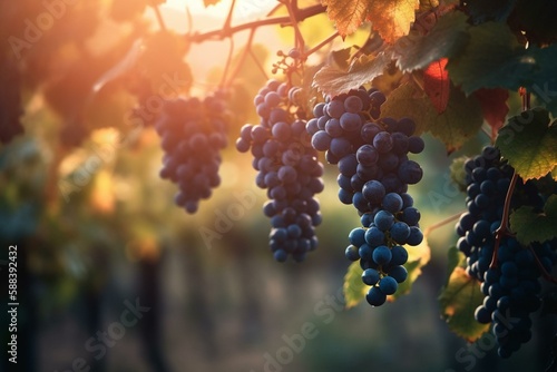 A bokeh background of a romantic vineyard with lush grapes hanging from the vines Generative AI