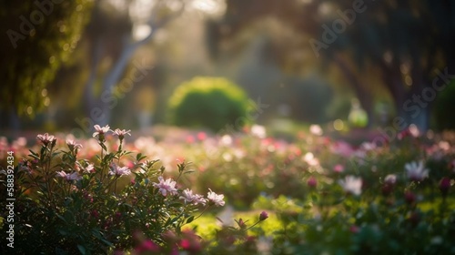 A bokeh background of a tranquil park with lush greenery and blooming flowers Generative AI © Denis Yevtekhov