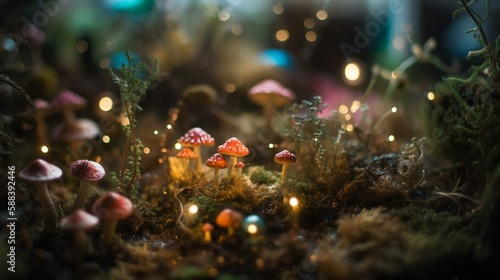 A bokeh background of a magical fairy garden with twinkling lights Generative AI