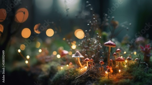 A bokeh background of a magical fairy garden with twinkling lights Generative AI © Denis Yevtekhov