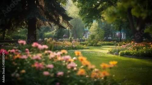 A bokeh background of a tranquil park with lush greenery and blooming flowers Generative AI