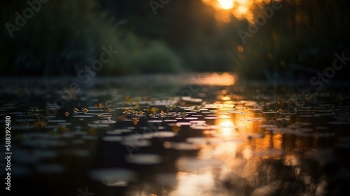 A bokeh background of a tranquil lake at sunrise Generative AI