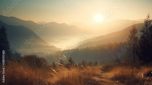 A bokeh background of a serene mountain landscape with a beautiful sunrise Generative AI