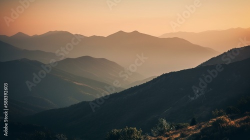A bokeh background of a serene mountain range at sunset Generative AI