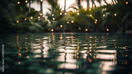 A bokeh background of a tranquil pool surrounded by palm trees Generative AI