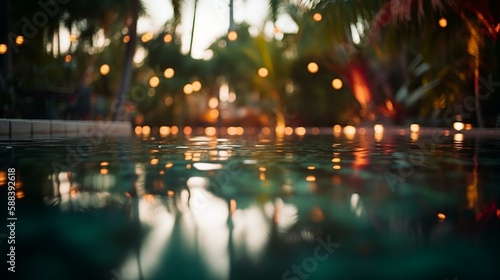 A bokeh background of a tranquil pool surrounded by palm trees Generative AI