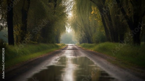 A bokeh background of a peaceful country road lined with trees Generative AI