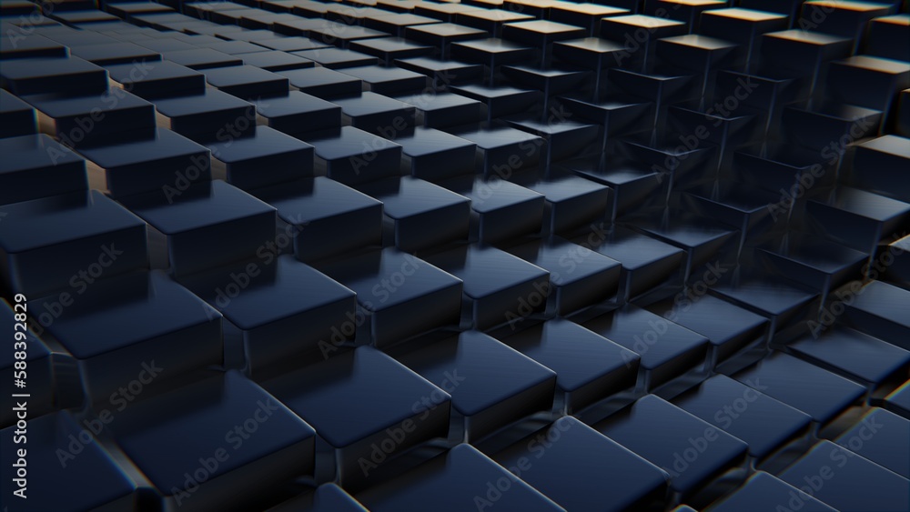 Fototapeta premium Steel shiny blue cubes, abstract symmetrical background. 3d render